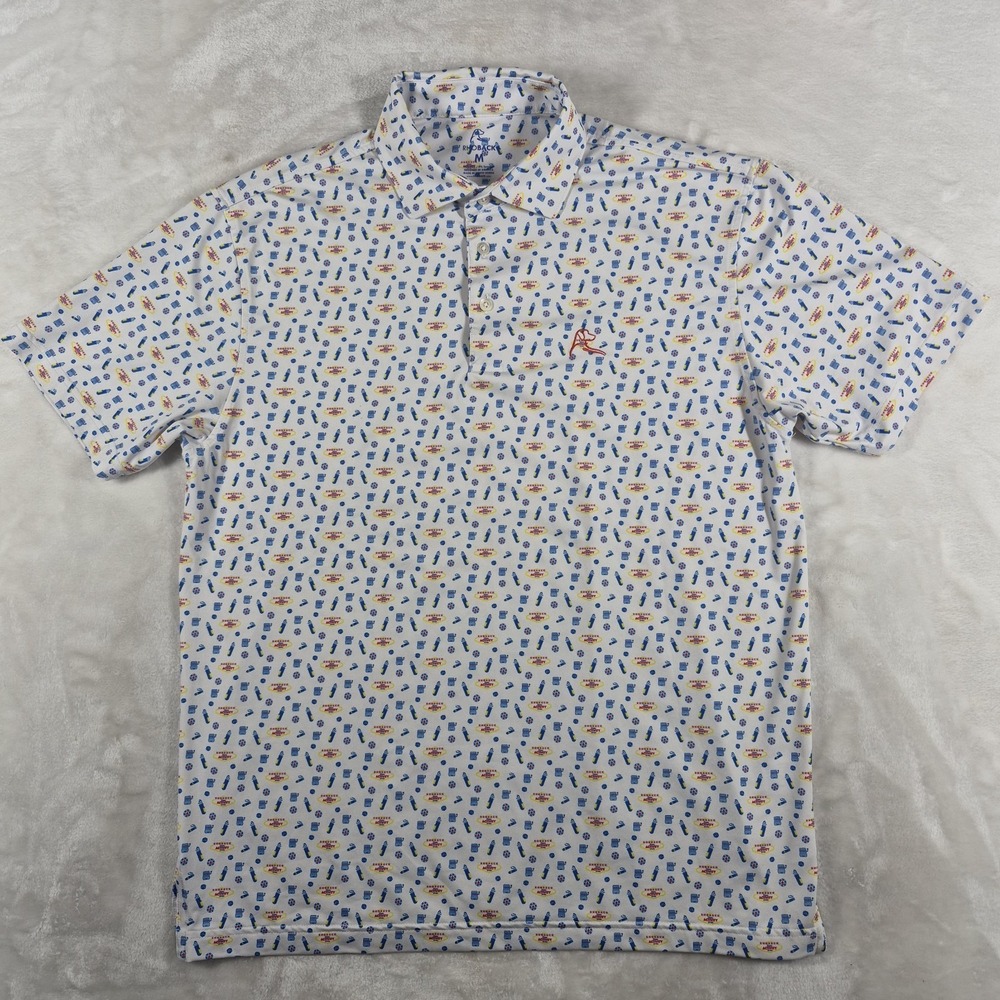 Rhoback Polo Shirt Men's Medium White Las Vegas All Over Print Golf Performance